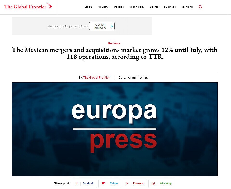 The Mexican mergers and acquisitions market grows 12% until July, with 118 operations, according to TTR